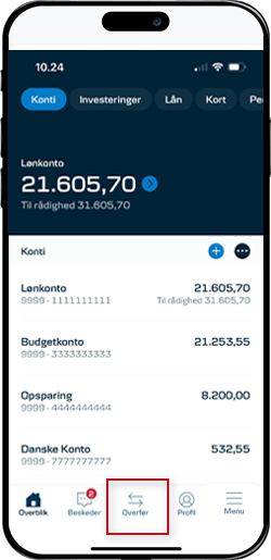 Skærmbillede mobilbank: Tryk på 'Overfør'