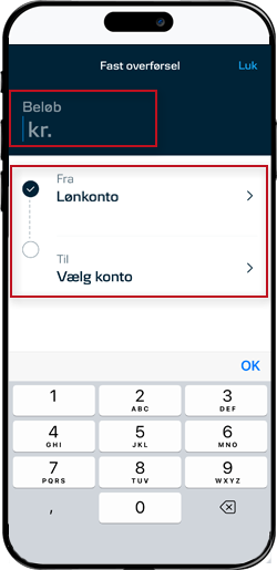 Skærmbillede mobilbank: Vælg afsender- og modtagerkonto