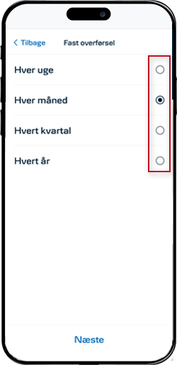 Skærmbillede mobilbank: Vælg, hvor ofte overførslen skal gentages.