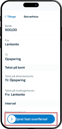 Skærmbillede mobilbank: Godkend fast overførsel med swipe-knappen