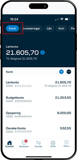 Skærmbillede mobilbank: viser placering af 'Kort' på den øverste menu.