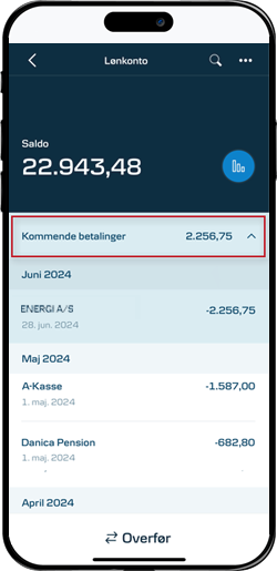 Skærmbillede mobilbank: Find den betaling du ønsker at afvise.