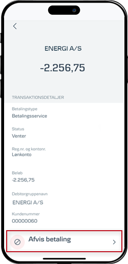 Skærmbillede mobilbank: Afvis betaling.