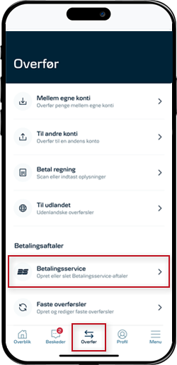 Skærmbillede mobilbank: Overfør i den nederste menu
