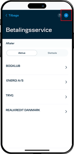 Skærmbillede mobilbank: Opret betalingsserviceaftale