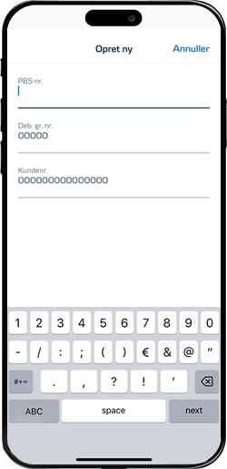Skærmbillede mobilbank: Indtast Betalingsserviceoplysninger