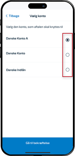 Skærmbillede mobilbank: Vælg konto til betalingsserviceaftalen
