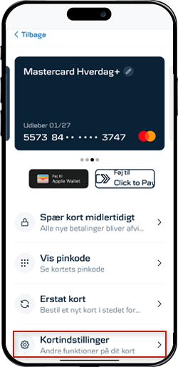 Skærmbillede mobilbank: Vælg kortindstillinger