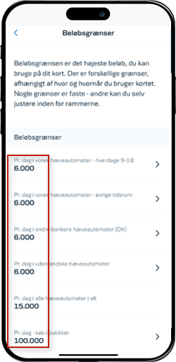 Skærmbillede mobilbank: Sæt ønsket beløbsgrænse