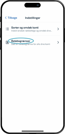 Skærmbillede mobilbank, der viser klik til: Beløbsgrænser
