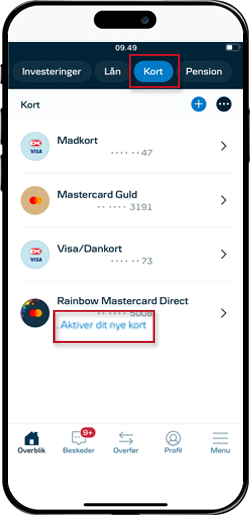Skærmbillede fra mobilbanken, som illustrerer en liste af kort på kortoversigten med et kort klar til aktivering