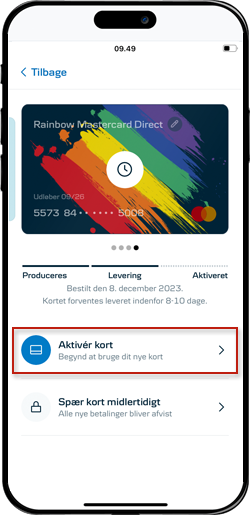 Skærmbillede fra mobilbanken, som illustrerer et valgt kort klar til aktivering