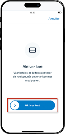 Skærmbillede fra mobilbanken, som illustrerer placeringen knappen som aktiverer kortet, når du trækker pilen mod højre over 'Aktiver kort'.