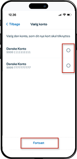 Skærmbillede fra mobilbanken, der viser valg af tilknyttet konto