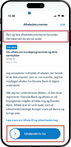 Skærmbillede fra mobilbanken, der viserUnderskriv nu