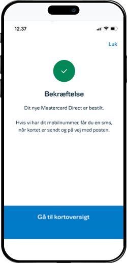 Skærmbillede fra mobilbanken, der bekræfter kortbestillingen