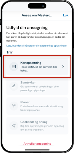 Skærmbillede mobilbank: Ansøg ved at gennemgå de enkelte steps og udfyld felterne