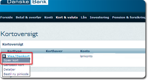 Skærmbillede fra netbanken: På siden med kortoversigten, klik på funktionspilen ud for kortet, og vælg 'Spær kort'.