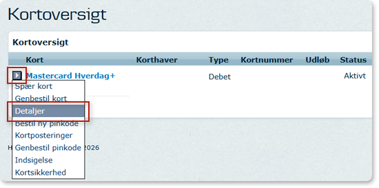 Skærmbillede netbank: vælg kortdetaljer
