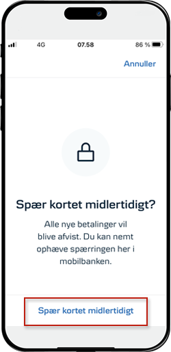 Skærmbillede fra mobilbanken: Og tryk på Spær kort midlertidigt igen.