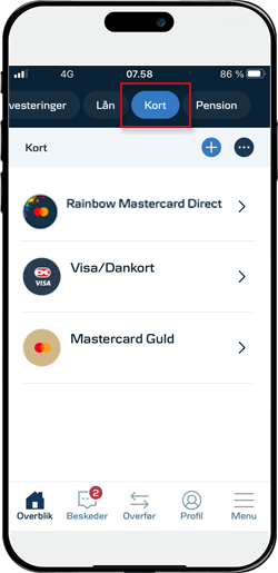 Skærmbillede mobilbank: Kortoversigt