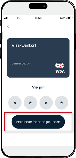 Skærmbillede mobilbank: Hold nede for at se pinkoden