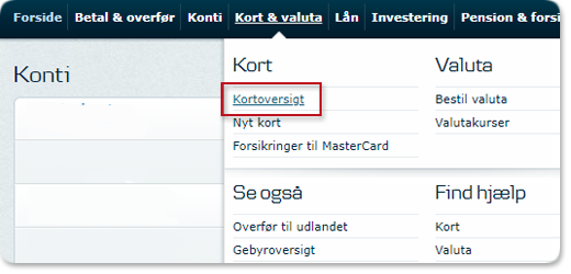 Skærmbillede netbank: Se kortoversigt
